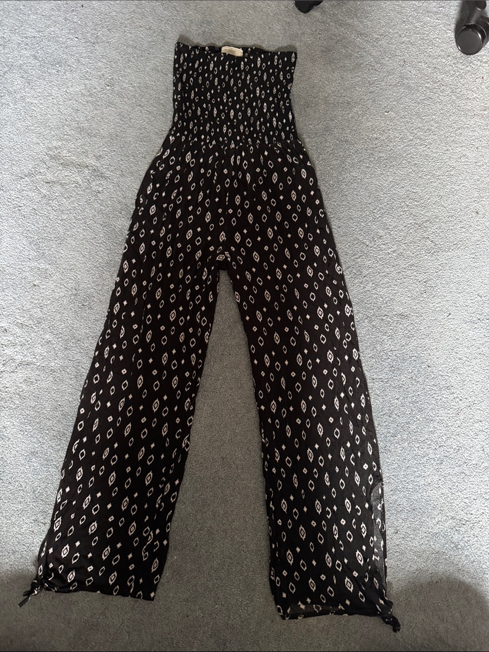 Smocked High-Waist Black Printed Wide-Leg Jumpsuit